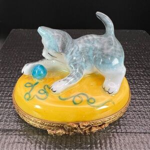 Limoges Cat Figurine with Blue Ball on Yellow Base